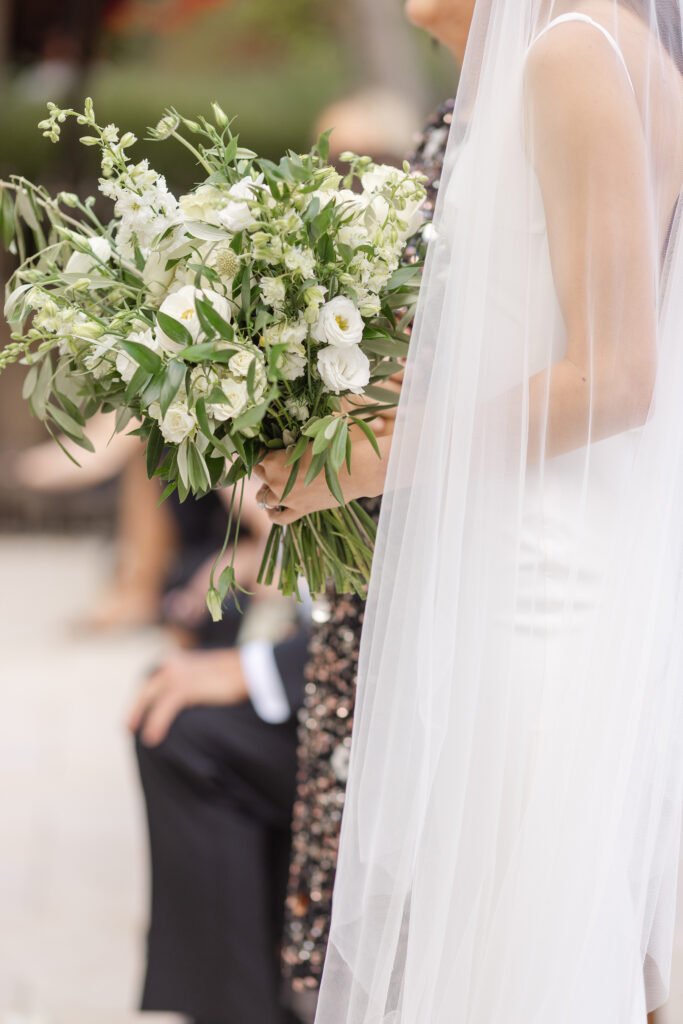 Close-up of bridal bouquet with white roses, lisianthus, and greenery, Greenville South Carolina — Dani Lacey Photographs