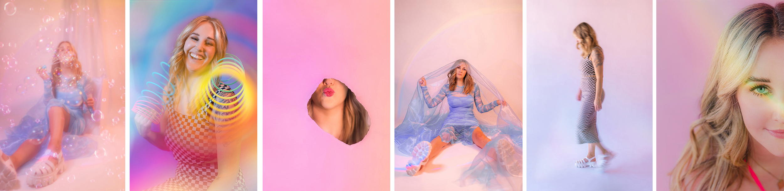 Colorful creative branding portraits featuring a woman in rainbow lighting, bubbles, and playful props during an editorial photoshoot — captured by Greenville South Carolina portrait photographer Dani Lacey Photographs.