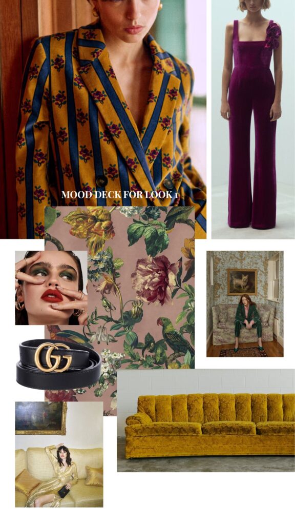 Editorial branding mood board featuring gold velvet textures, bold floral wallpaper, and rich fashion tones. Created by Greenville South Carolina Branding Photographer Dani Lacey.