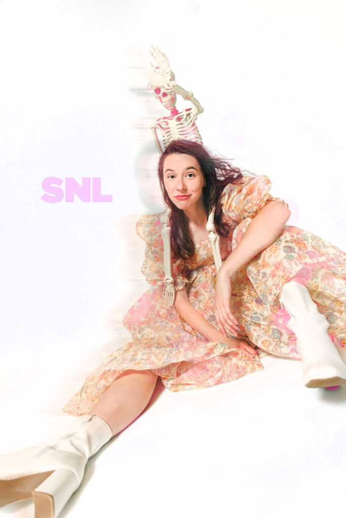 Greenville South Carolina branding photographer editorial portrait of woman in floral dress with a skeleton prop, playfully nodding to SNL—because it’s time for a visual rebrand.