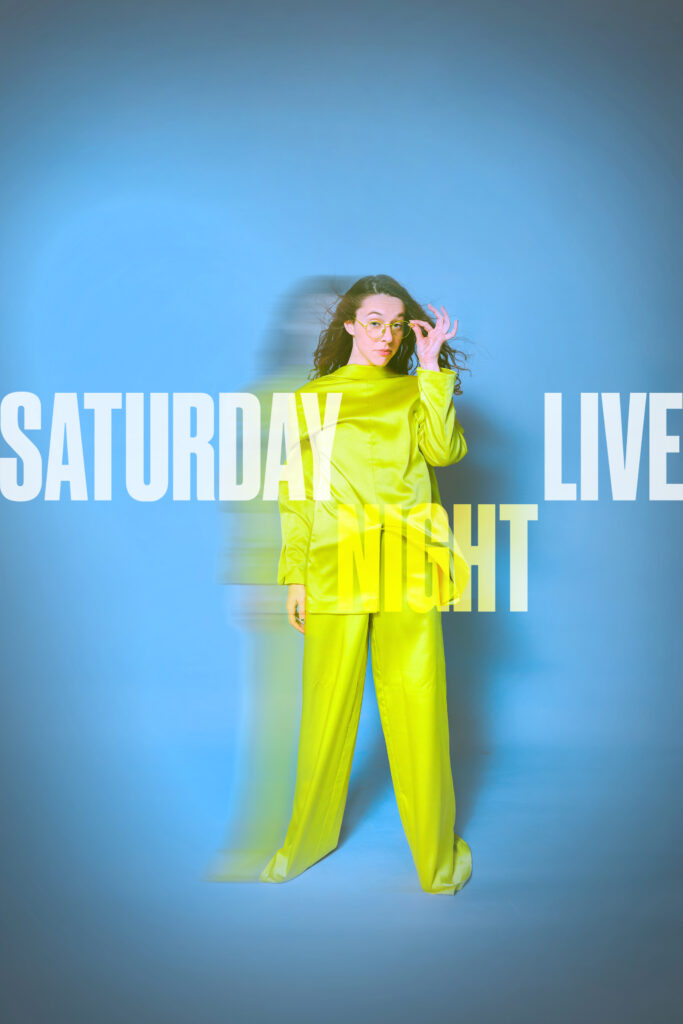 Bold SNL-inspired branding shoot with woman in neon green suit on a vibrant blue backdrop, styled by Greenville South Carolina branding photographer—it’s time for a visual rebrand.