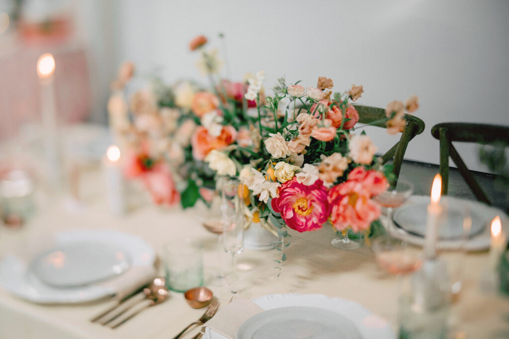 Floral table with glowing candles