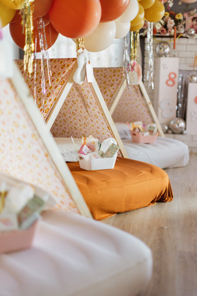 Styled slumber party tent setup