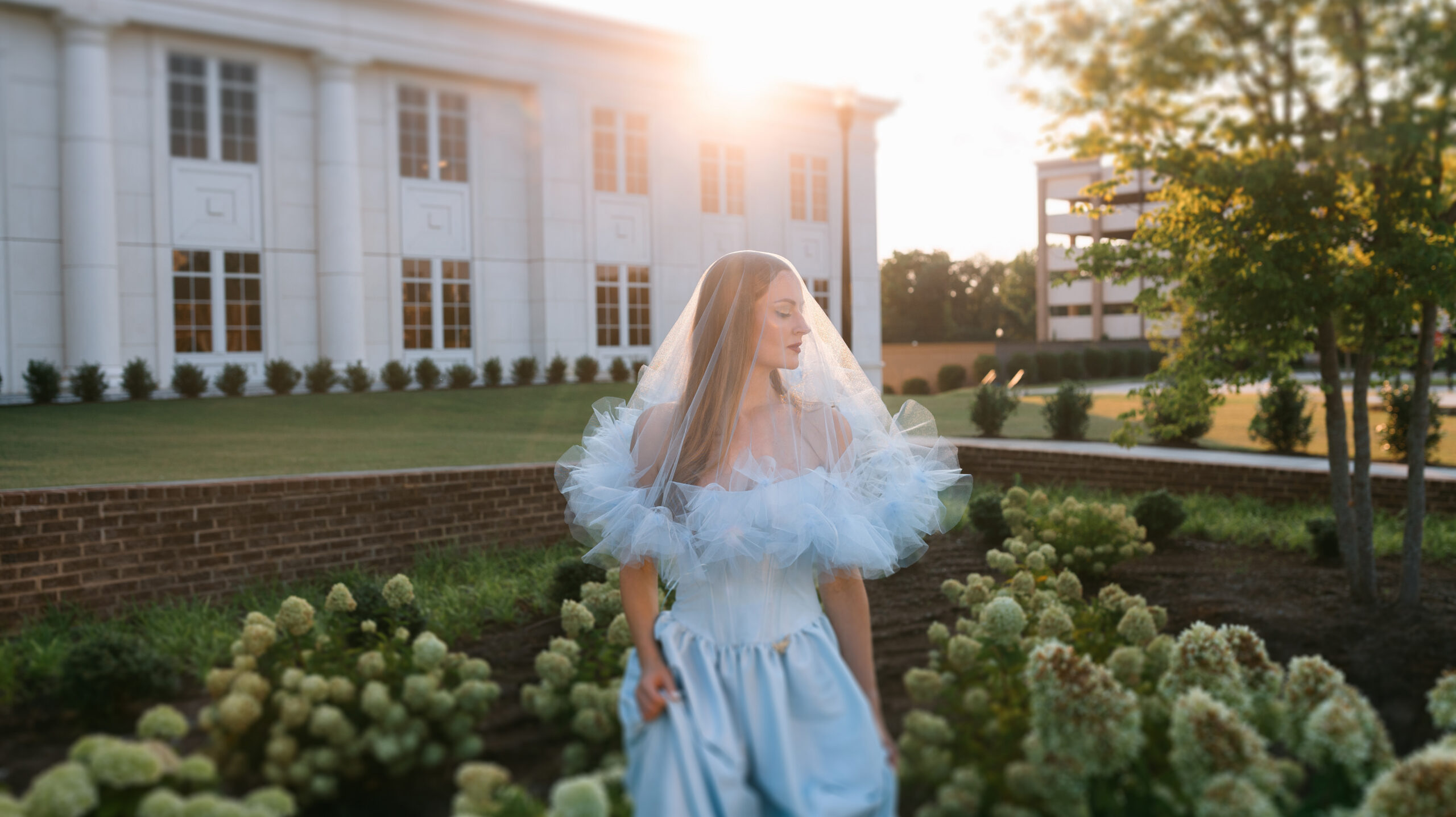 Bride in blue dress at Spartanburg Courthouse