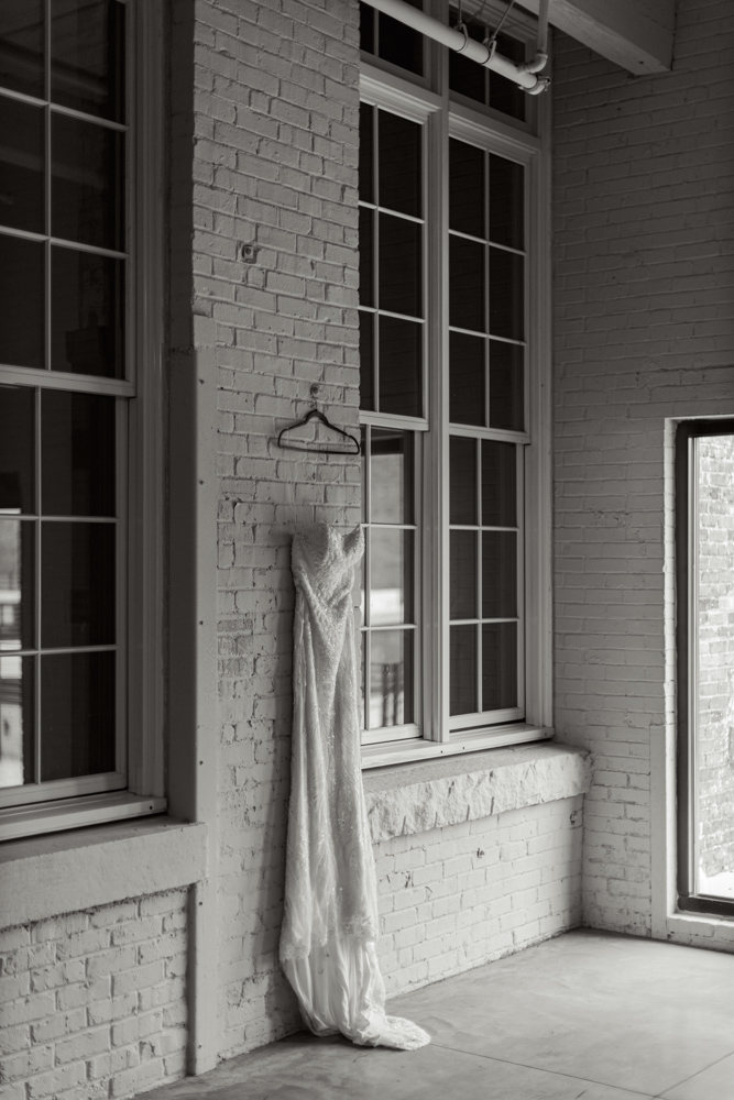 Wedding dress hanging at Judson Mill