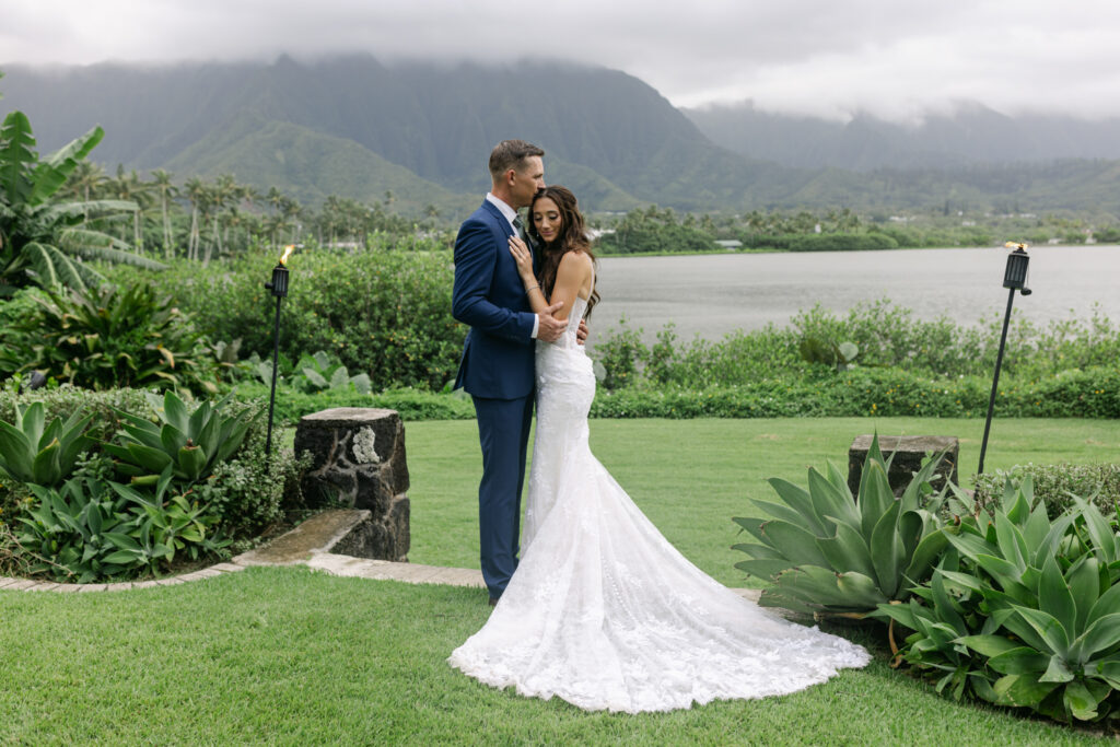 Bride and groom overlooking Kaneohe Bay