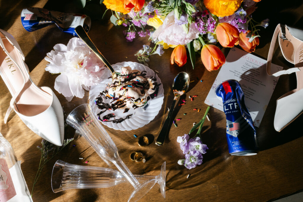 Wedding details with dessert and rings