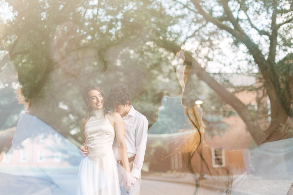 Artistic double exposure of engaged couple