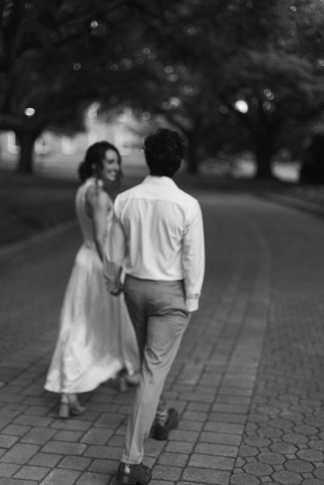 Couple walking together during Furman engagement session